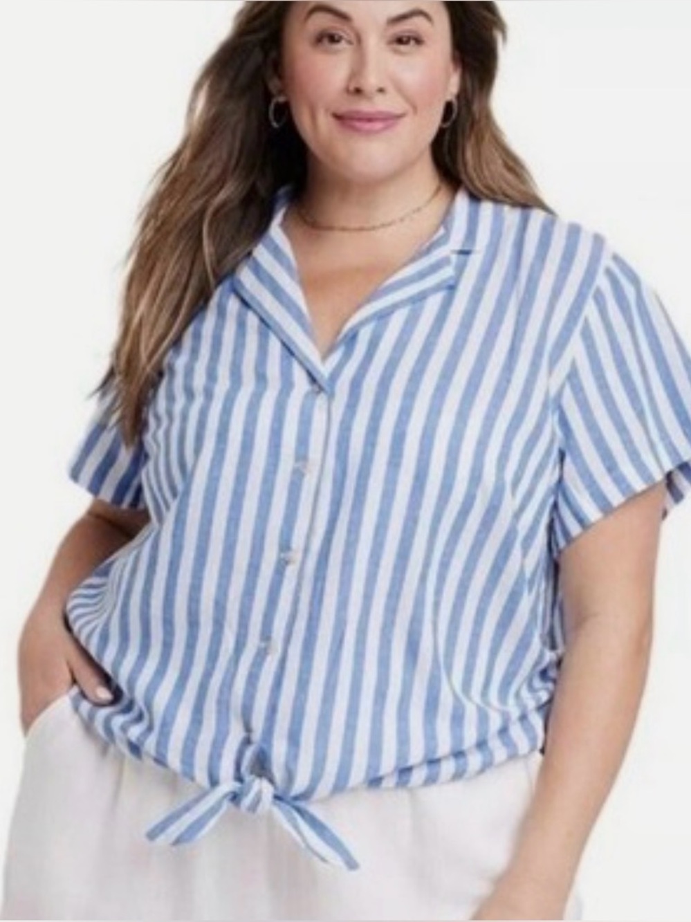 Classic Blue Stripe Tie-Front Cropped Button Shirt - Women